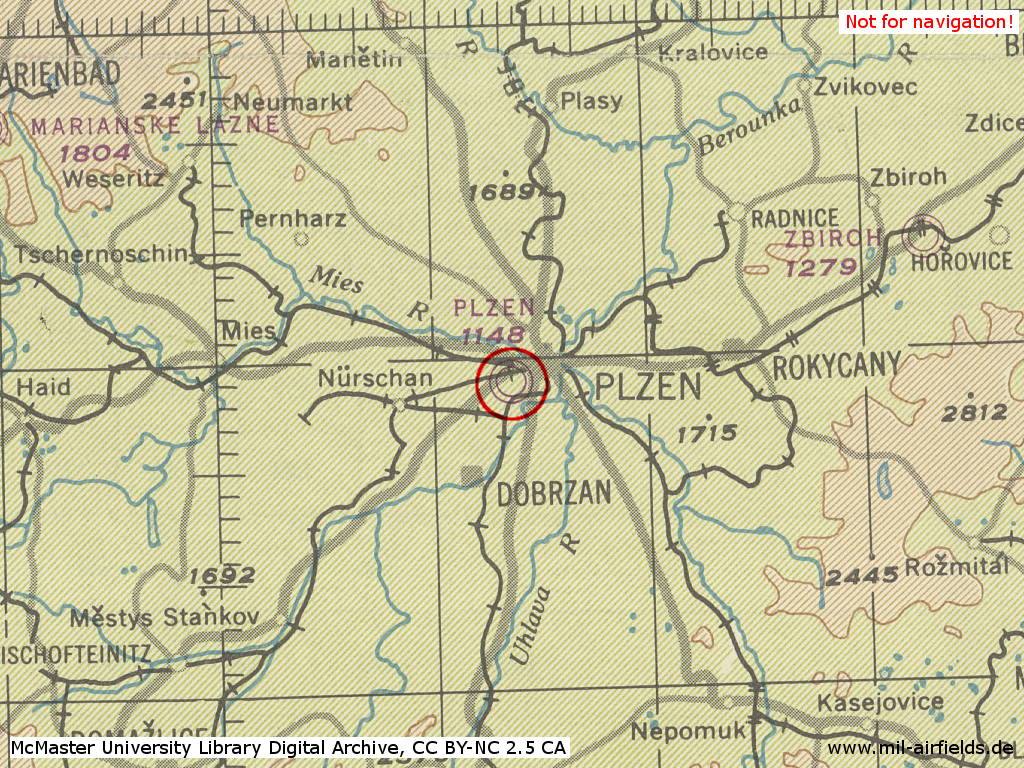 Hubschrauber<wbr>flug<wbr>platz Pilsen Bory auf einer Karte 1944