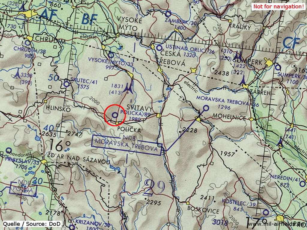 Polička Airfield on a map 1973