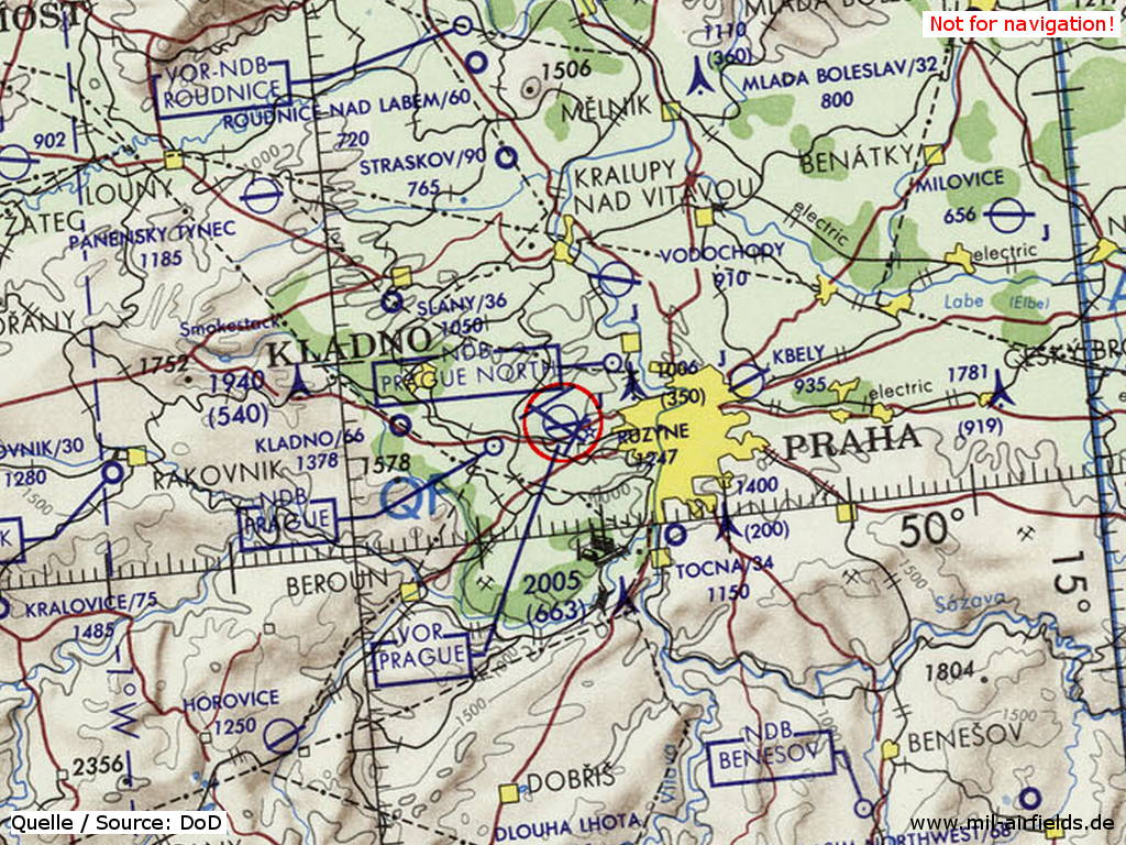 Praha Ruzyně Airport on a map 1973