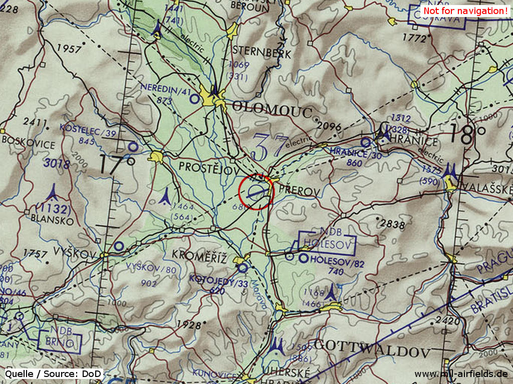 Přerov Air Base on a US map 1973