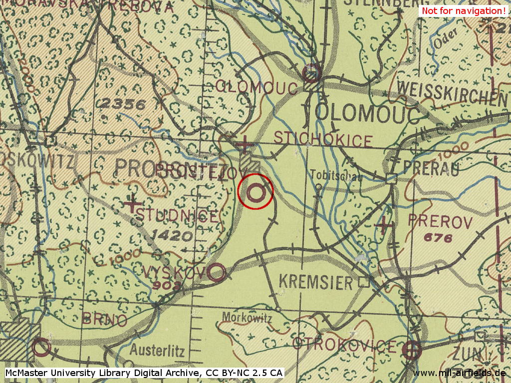 Fliegerhorst Prossnitz auf einer Karte 1943