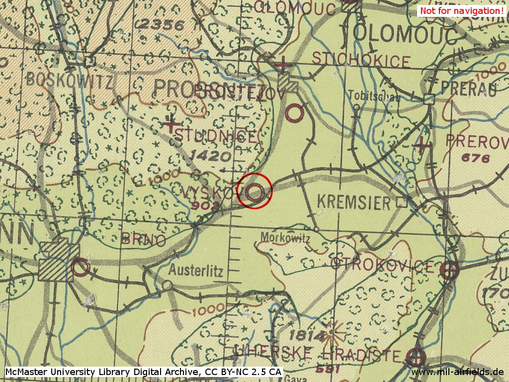 Vyškov Airfield, Czechia, on a map 1943