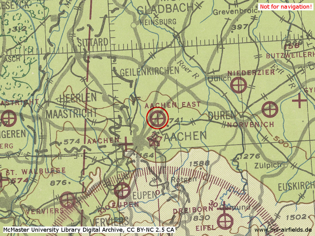 Aachen Merzbrück Airfield, Germany, in World War II on a US map 1943