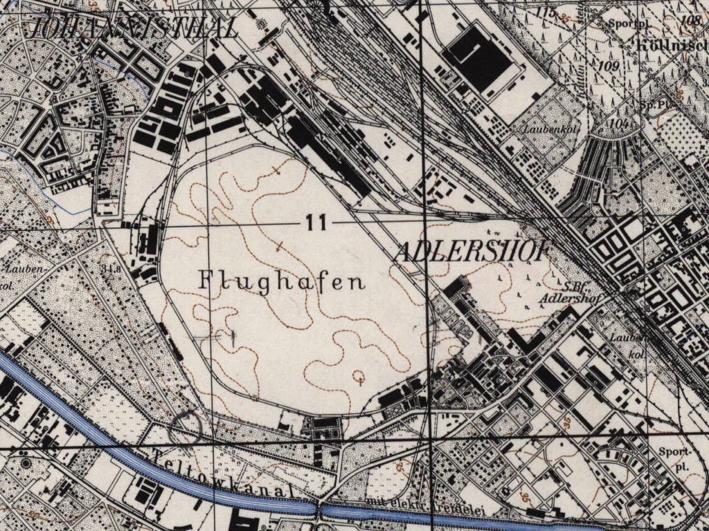 Flugplatz Berlin Johannisthal auf einer Karte 1952