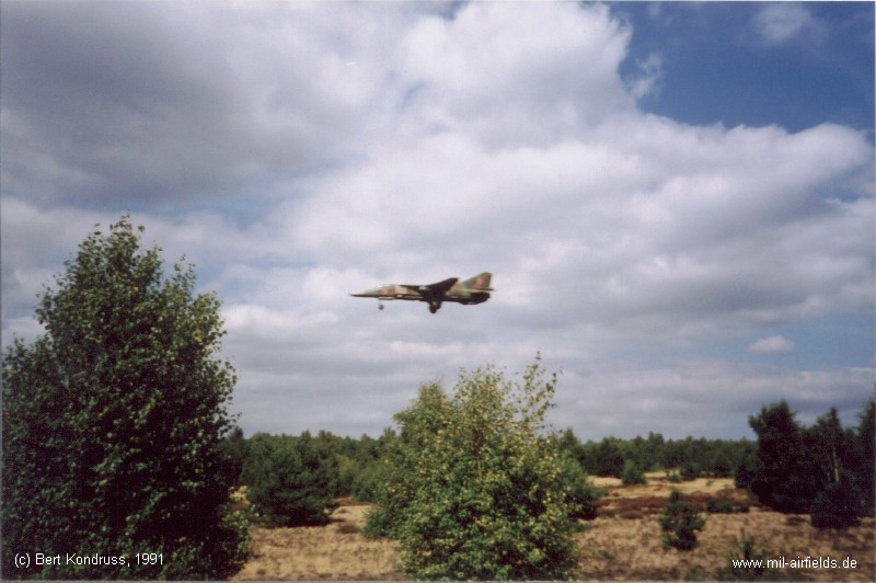 A Soviet fighter-bomber MiG-27 approaching Brand Air Base, Germany