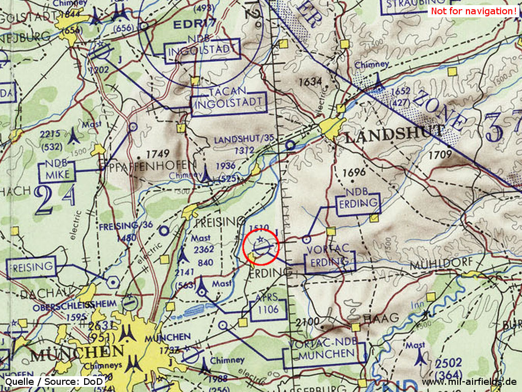 Erding Air Base, Germany on a US map 1972