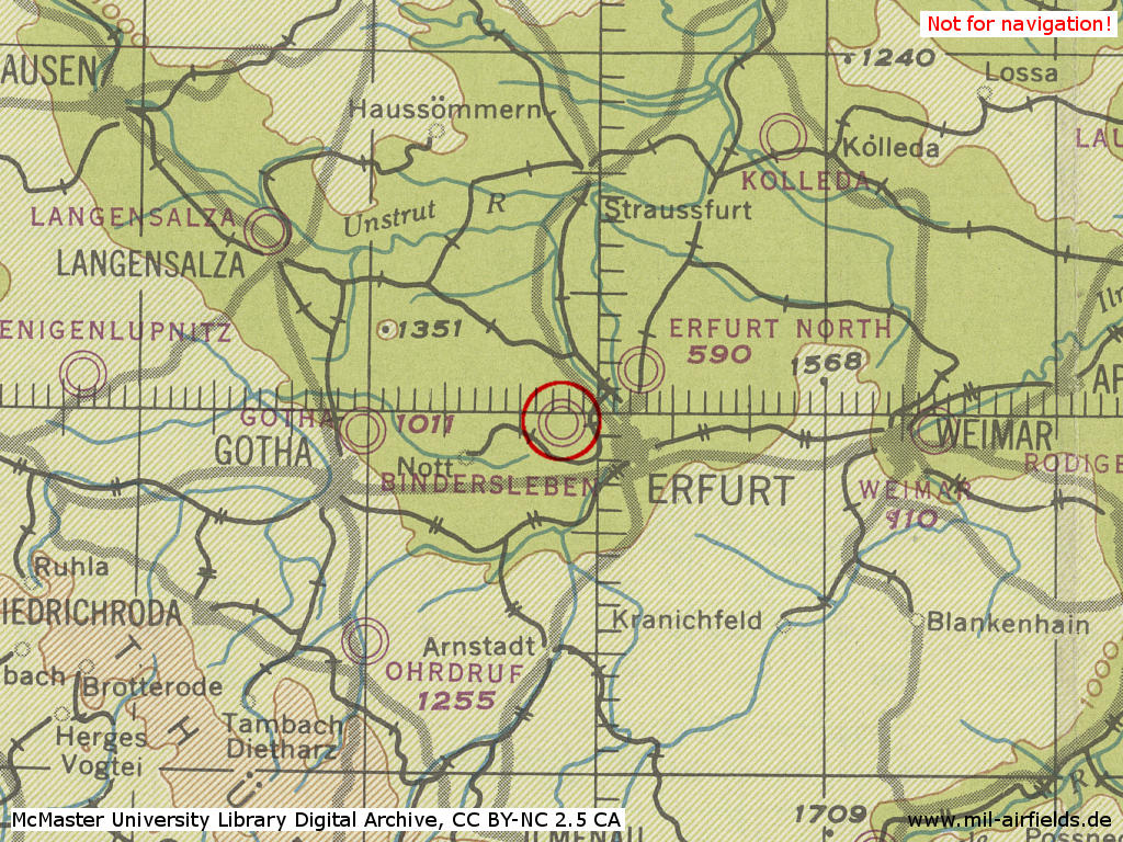 Erfurt Bindersleben Air Base in World War II on a US map from 194x