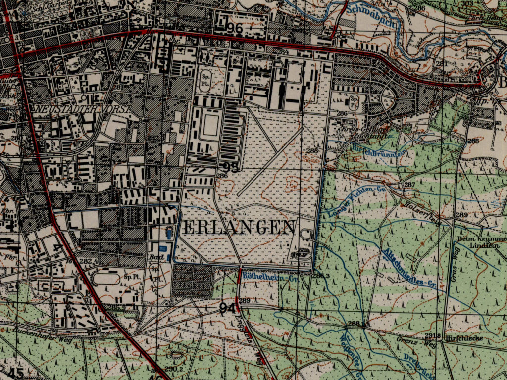 Erlangen airfields on a US map from 1954