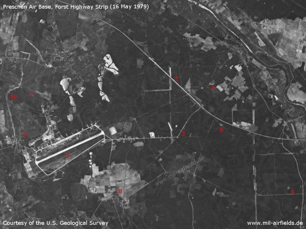 Flugplatz Preschen und Autobahnabschnitt ABA Forst auf einem Satellitenbild 1979