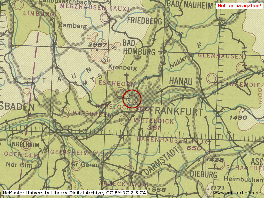 Frankfurt/Main Rebstock Luftwaffe airfield in World War II on a US map 1944