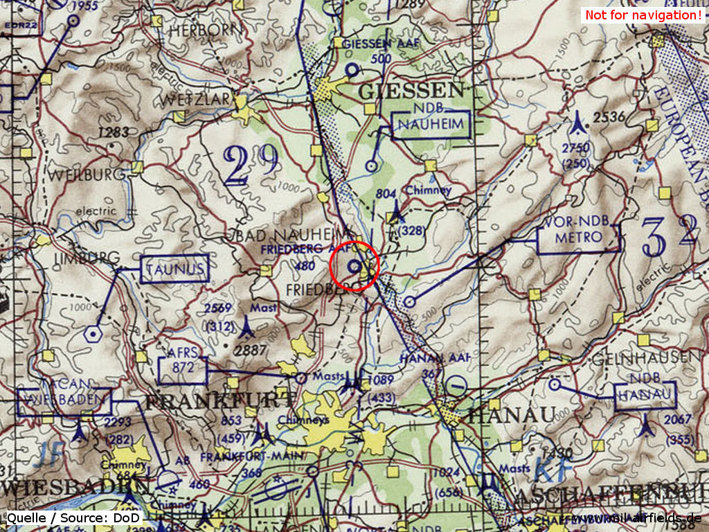 Das Friedberg Army Airfield (AAF) auf einer Karte 1972