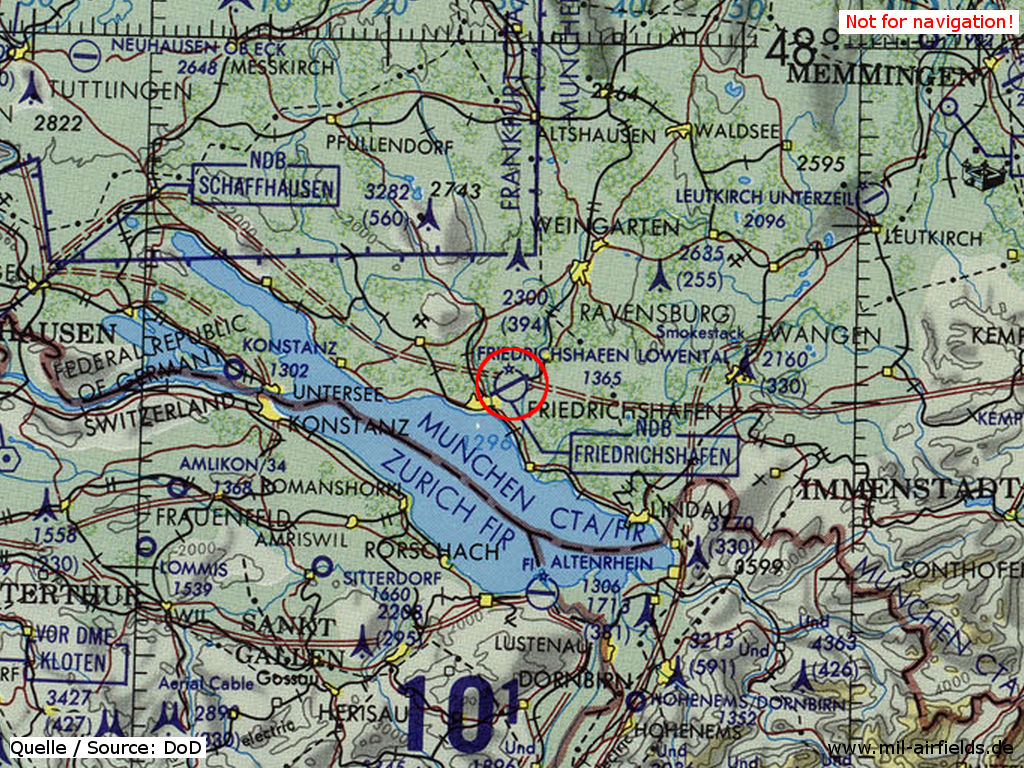 Flughafen Friedrichshafen Löwental auf einer Karte 1981