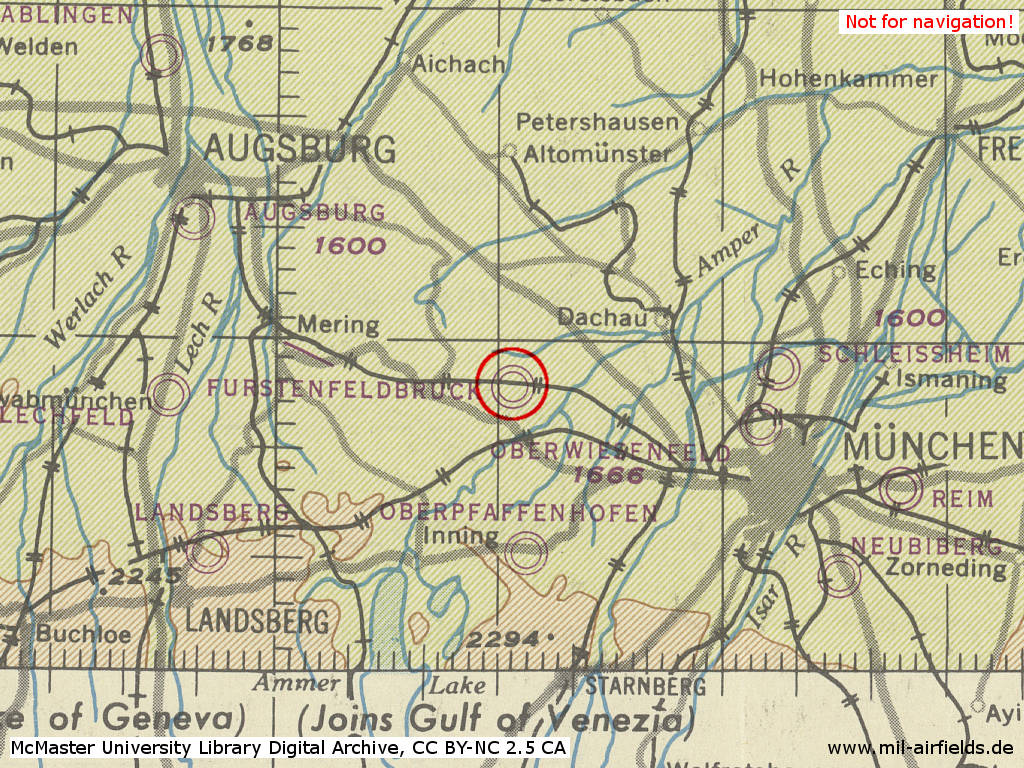 Fürstenfeldbruck Air Base, Germany, in World War II on a US map f1944
