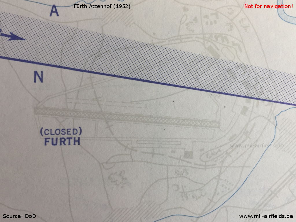 Map from January 1952, Fürth Atzenhof airfield, Germany, is shown as closed.