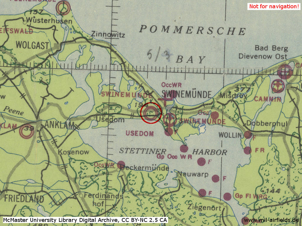 Garz Airfield in World War II on a US map from 1943