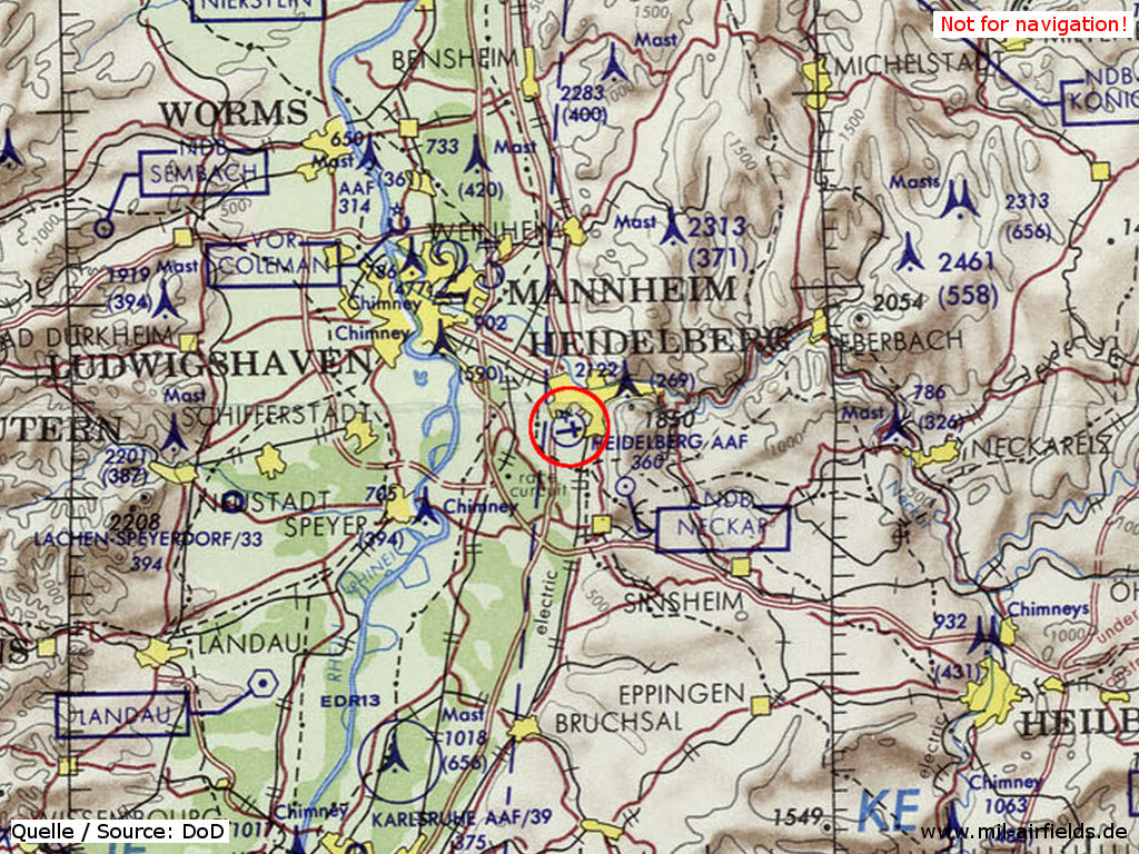 Karte mit Heidelberg Army Airfield AAF 1972