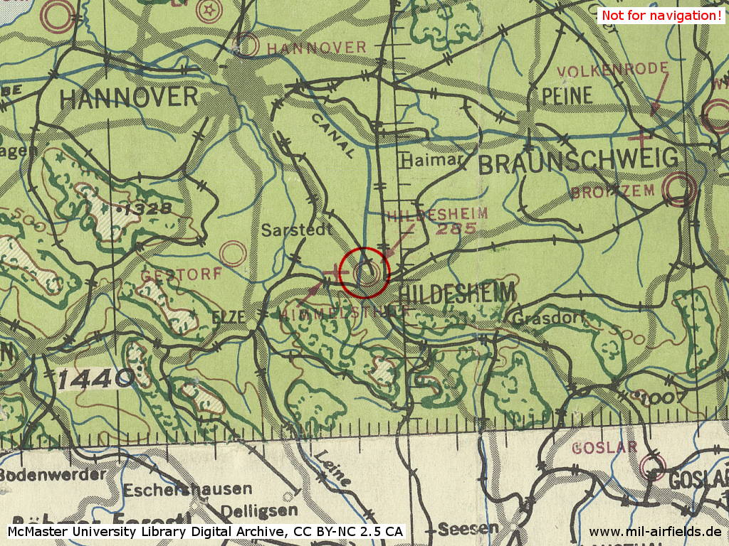 Hildesheim Airfield, Germany, on a map 1943