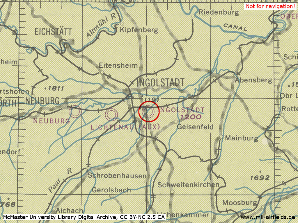 Fliegerhorst Ingolstadt im Zweiten Weltkrieg auf einer US-Karte 1944