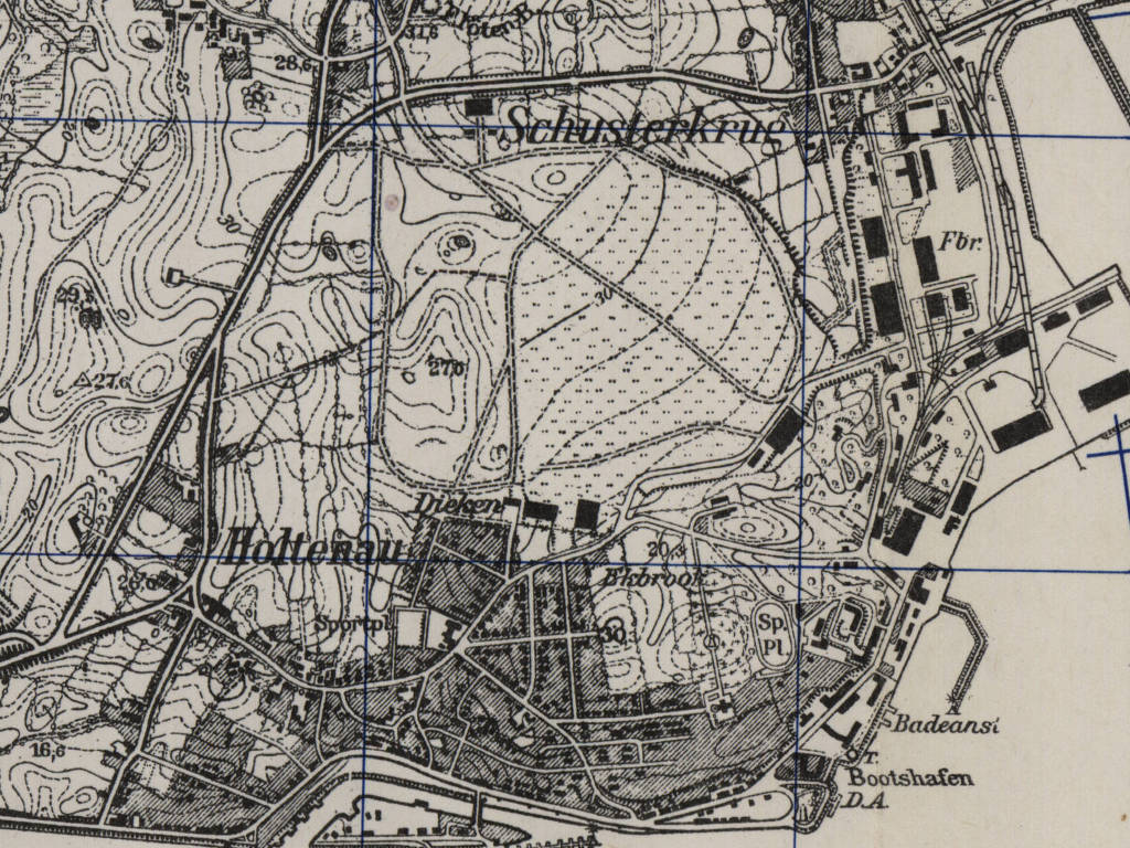Kiel Holtenau Airfield, Germany, on a map from 1953
