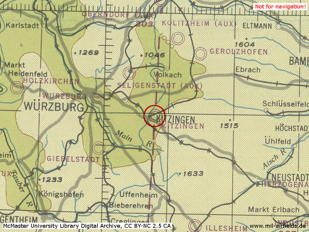Fliegerhorst Kitzingen im Zweiten Weltkrieg auf einer US-Karte 1944