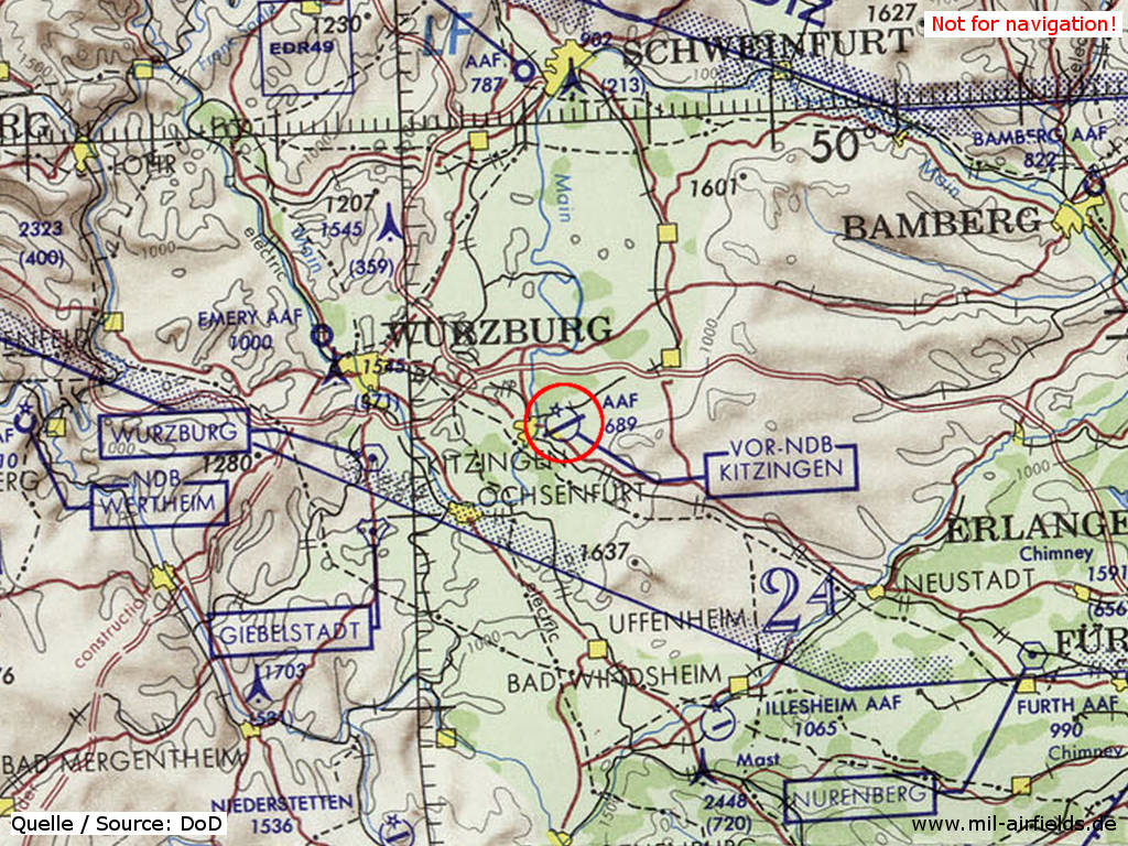 Kitzingen Army Airfield AAF auf einer Karte 1972