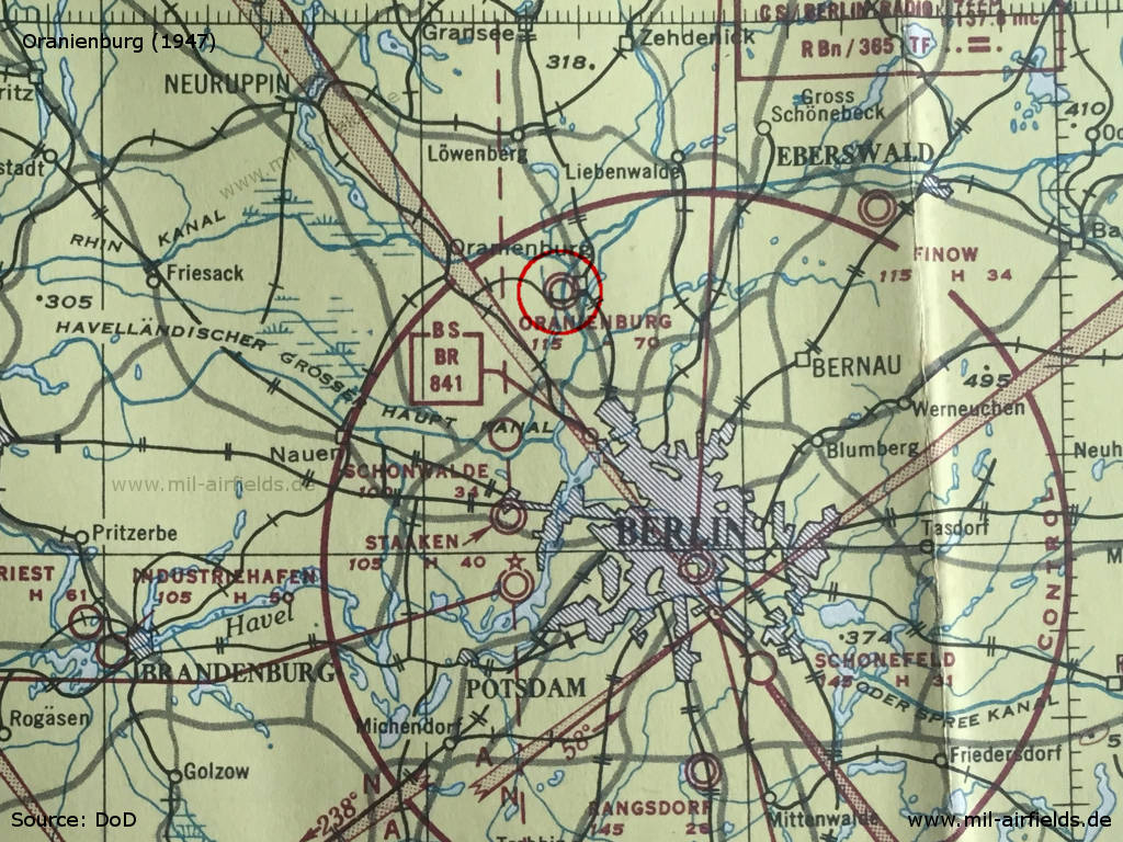 Oranienburg Air Base, Germany, on a US map from 1947