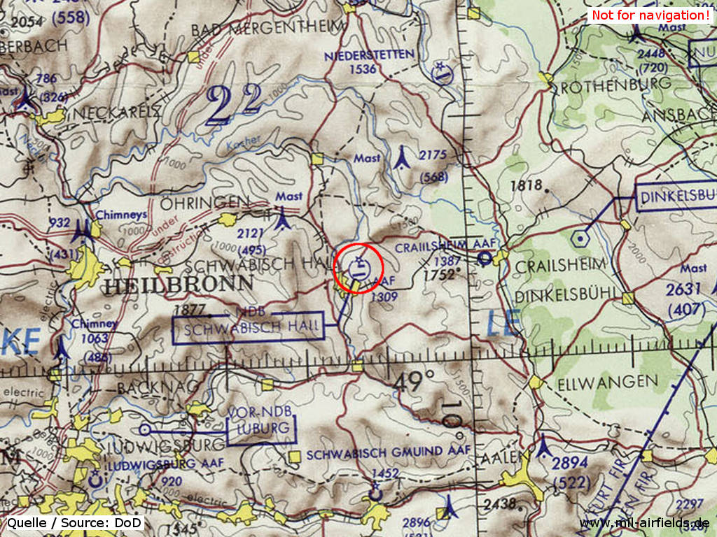 Schwäbisch Hall Army Airfield AAF on a US map 1972