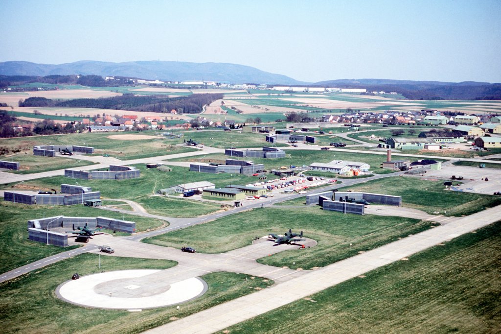 Aerial view of Sembach Air Base with aircraft A-10 in 1982