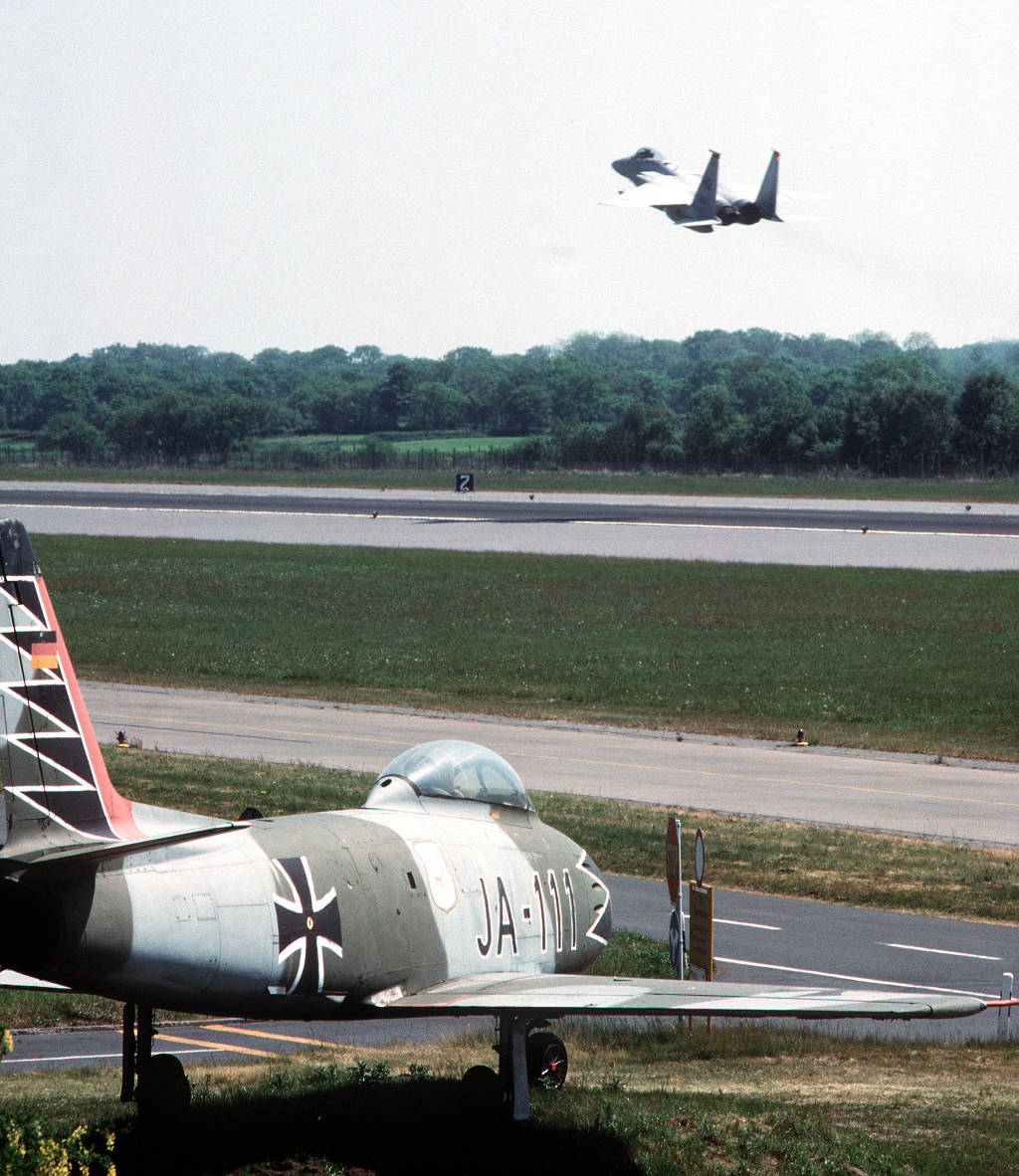 A 9th Tactical Fighter Squadron F-15 Eagle aircraft takes off at Wittmundhafen, Germany