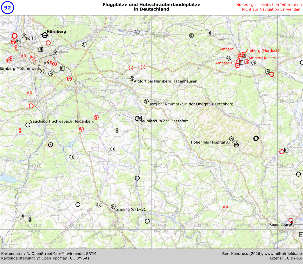 Karte der Flugplätze im Gebiet Nürnberg - Südöstlicher Teil