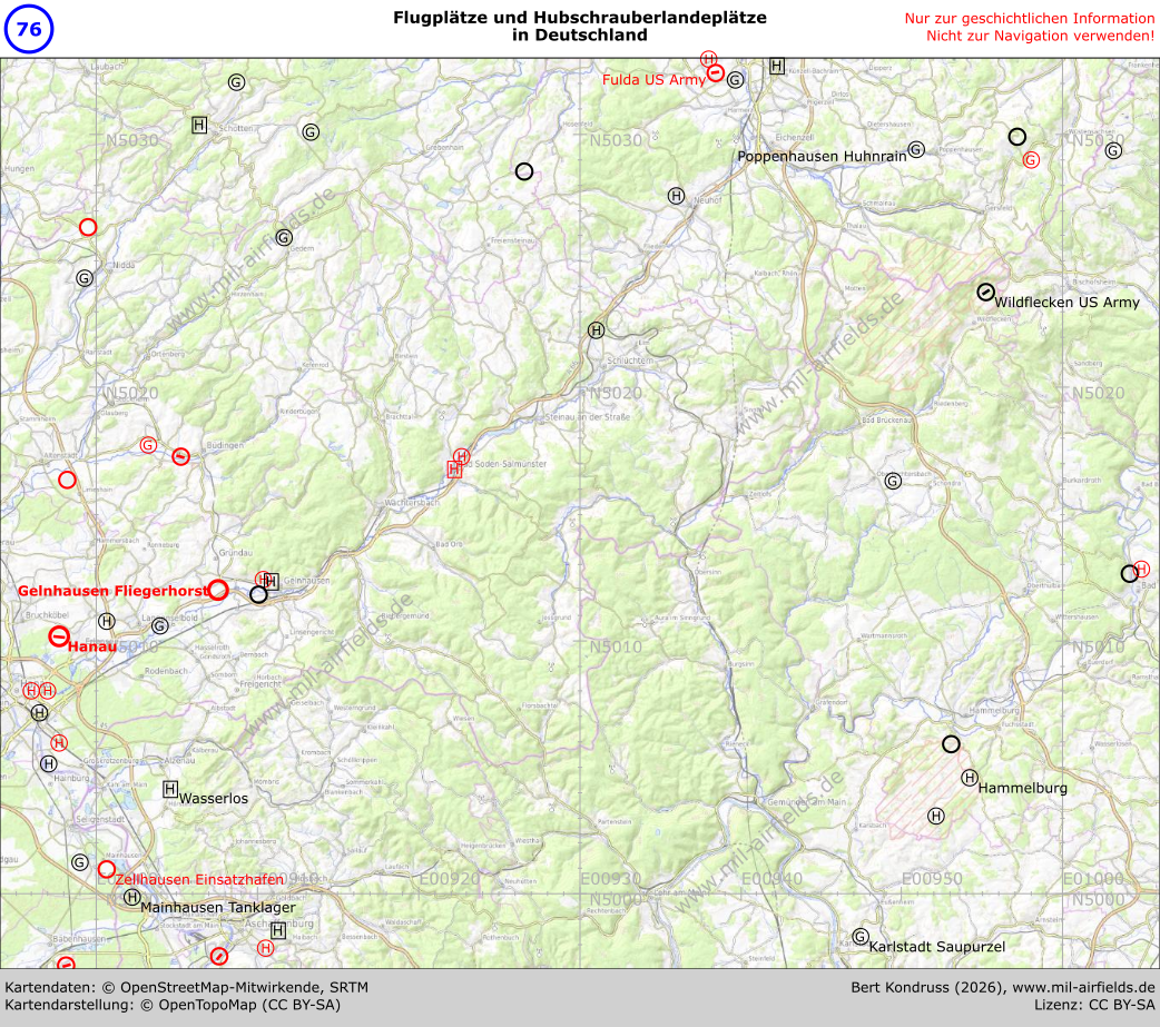 Karte der Flugplätze in Hessen im Gebiet Vogelsberg / Rhön