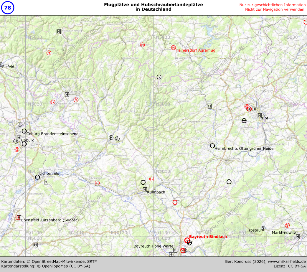 Karte der Flugplätze in Bayern im Gebiet Oberfranken und Thüringer Wald