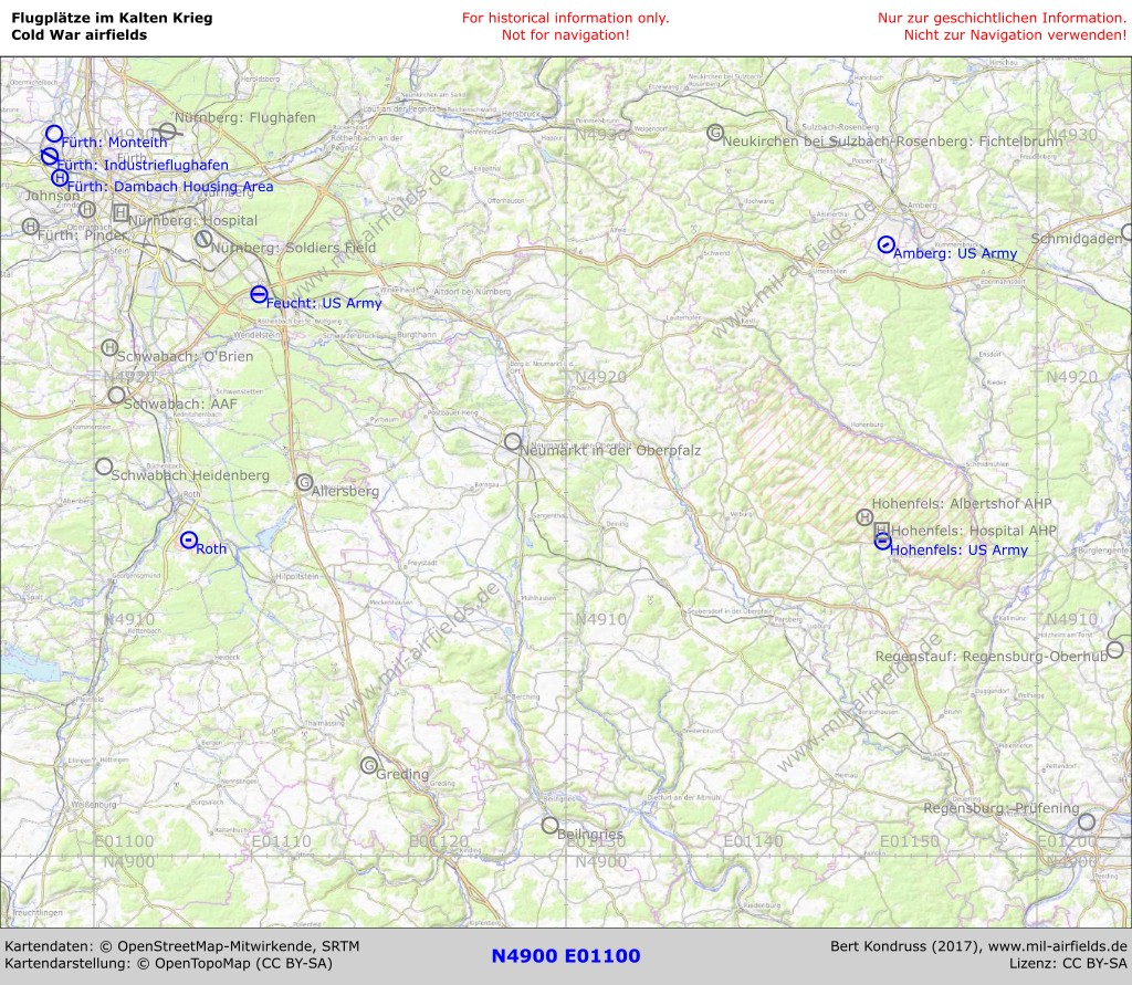 Map of airfields in the Nürnberg area, Germany - Southeastern part