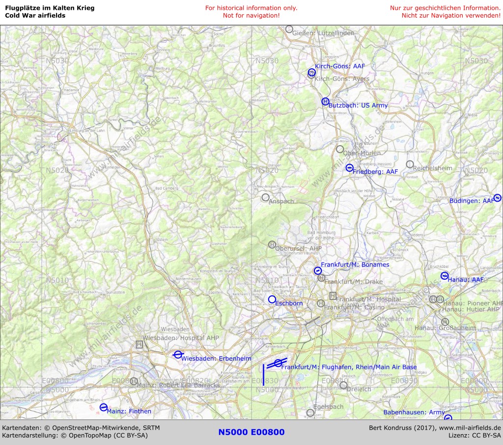 Karte der Flugplätze in Hessen im Frankfurt-Rhein-Main-Gebiet und im Taunus.