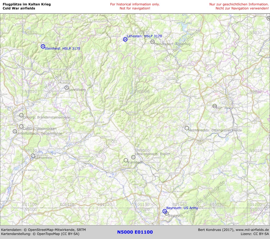 Karte der Flugplätze in Bayern im Gebiet Oberfranken und Thüringer Wald