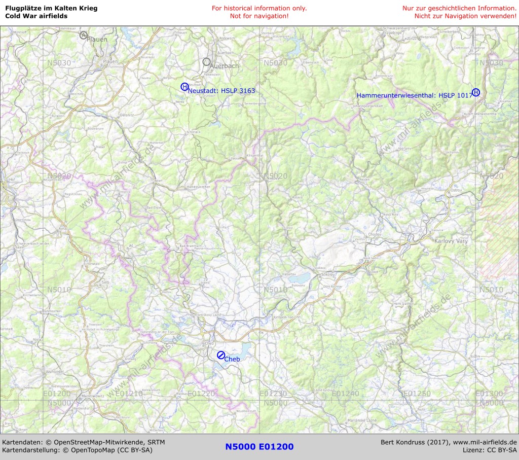 Map of airfields in Bavaria and Saxony (Germany) in the Oberfranken, Vogtland and Erzgebirge area.