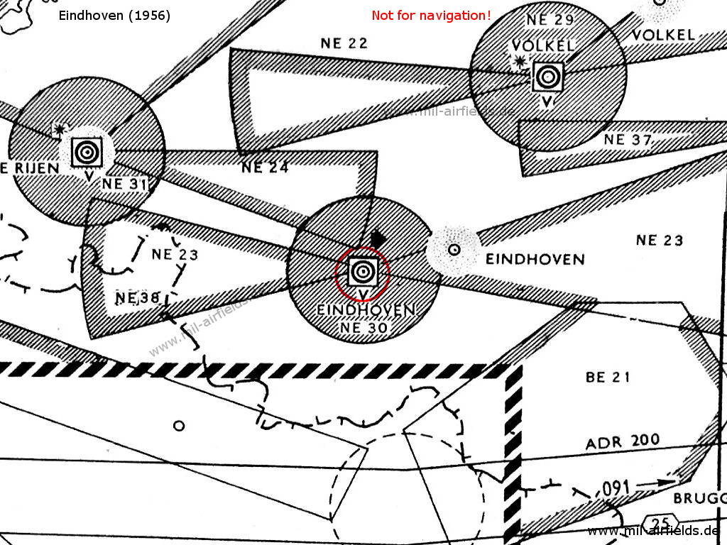 Eindhoven airfield and surrounding airways and restricted areas on a map 1956