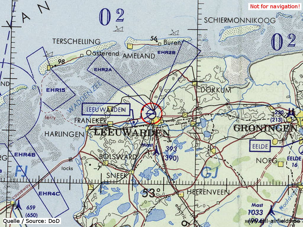 Flugplatz Leeuwarden, Niederlande, auf einer Karte 1972