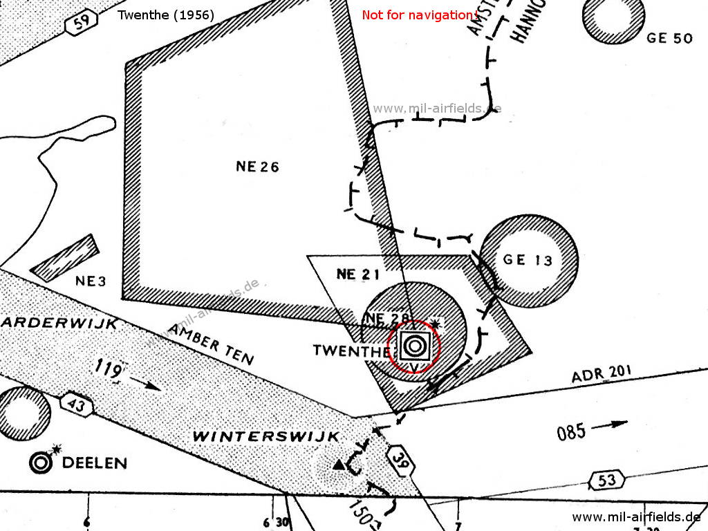 Karte mit Flugplatz Twenthe, Niederlande, Luftstraßen und Sperrgebiete1956