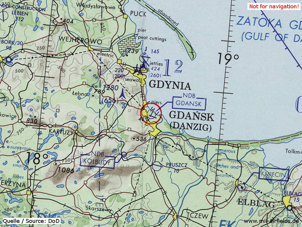 Gdańsk Wrzeszcz Airfield, Poland, on a map 1973