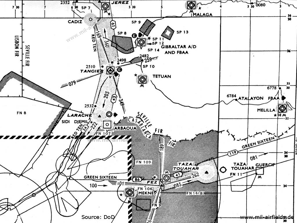Aeronautical map with radio beacons and airways, Gibraltar, Malaga, Jerez, Tanger, Tétouan 1955