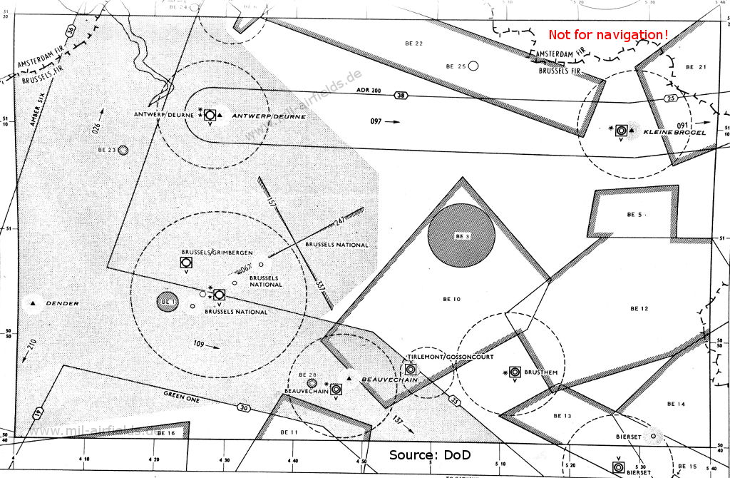 Radio beacons and airways in the Brussels region, Belgium