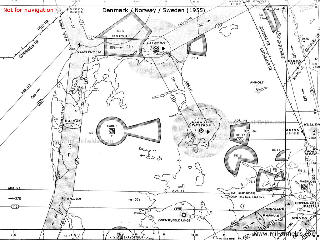 Radio beacons and airways Jutland, Funen, Zealand, Denmark, 1955