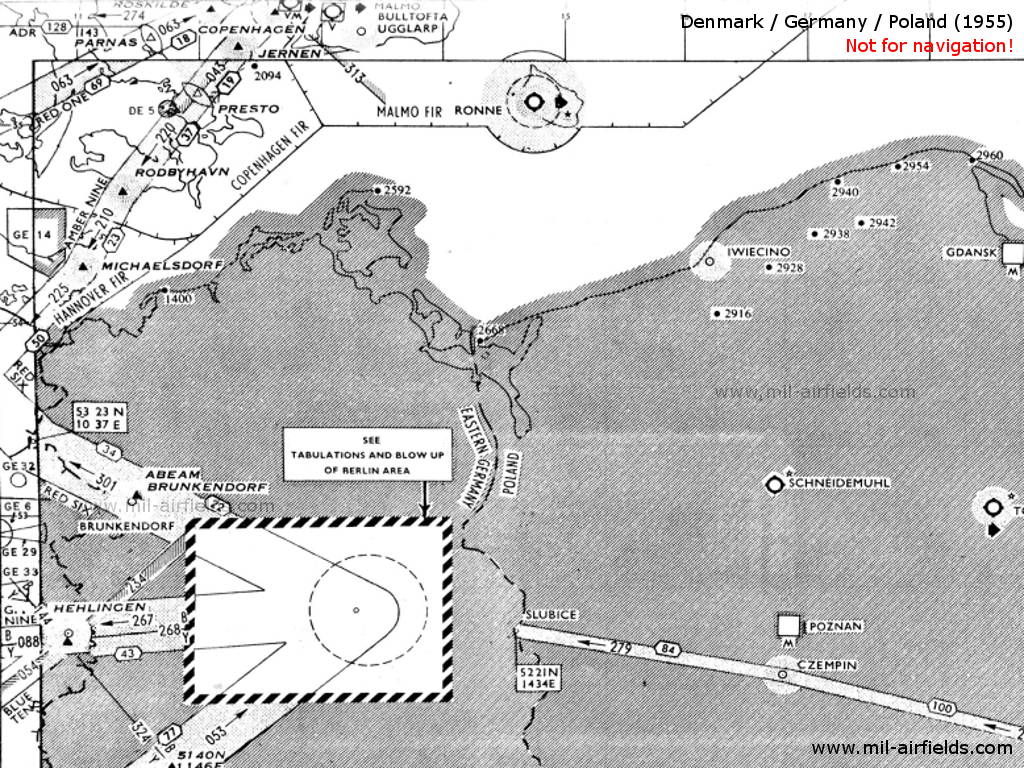 Radio beacons and airways Funen, Zealand, Lolland, Falster, Bornholm, 1955