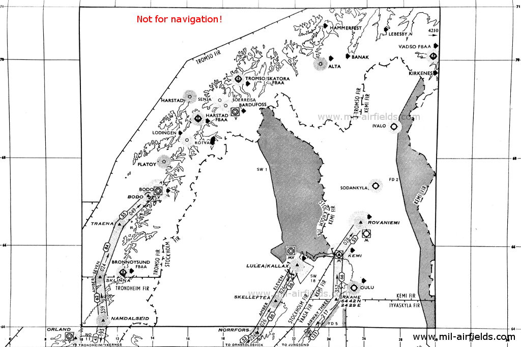 Map of radio beacons Finland, northern part, 1955