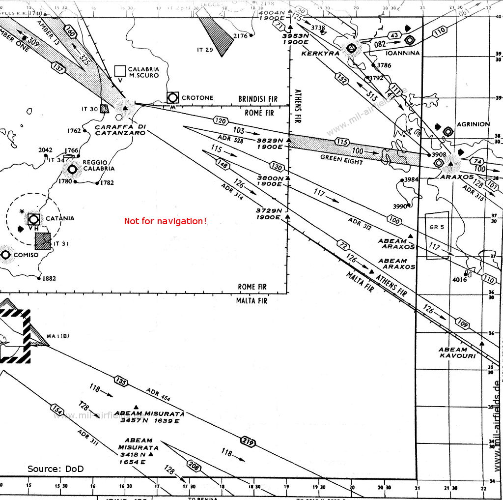 Map with radio beacons and airways, Kerkyra Corfu, Araxos, Greece,1955