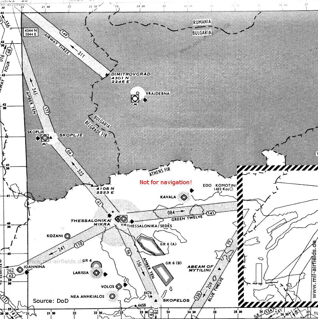 Airfields, radio beacons and airways, Thessaloniki, Kavala, Greece,1955