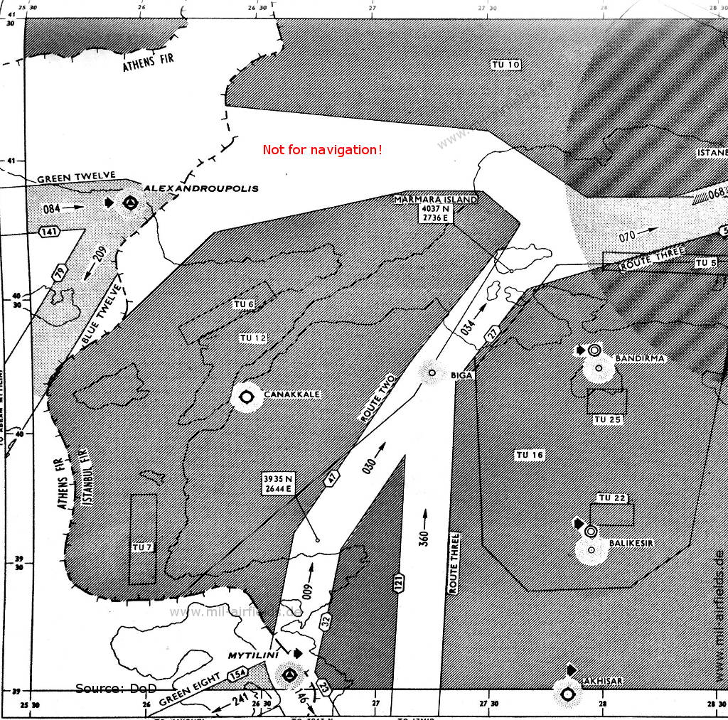 Map of radio beacons and airways, Alexandroupolis, Mytilini, Greece,1955