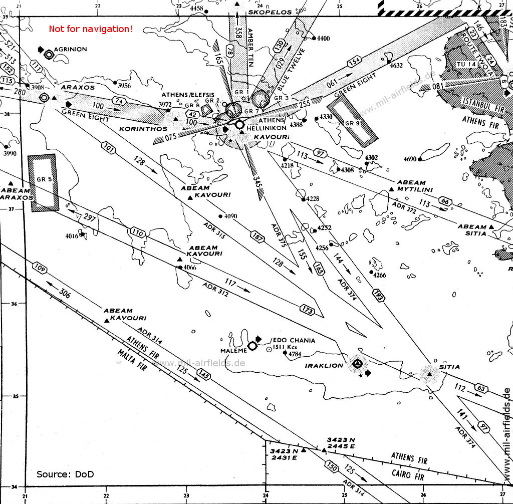 Aerodromes, radio beacons and airways, Athens, Iraklio, Crete, Greece,1955