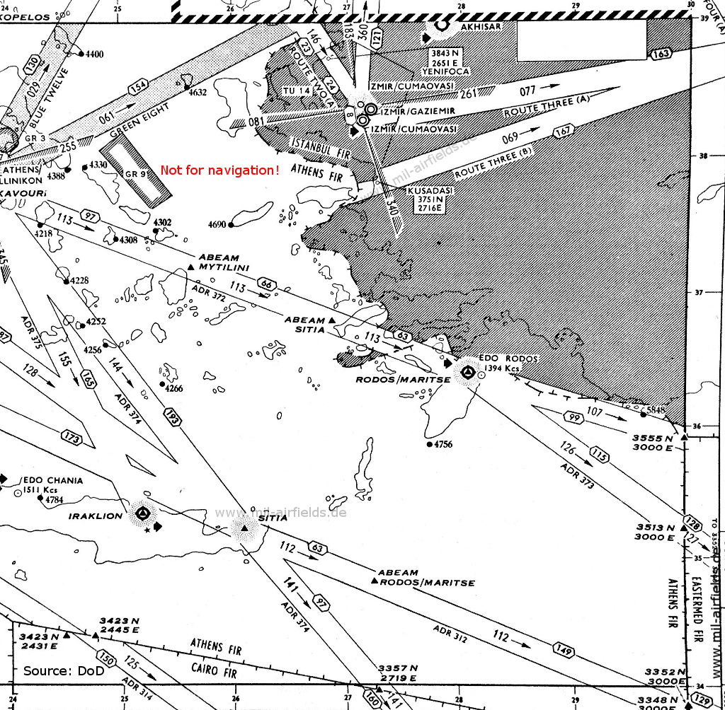 Radio beacons and airways, Iraklion Crete, Rhodes, South Aegean, Greece,1955